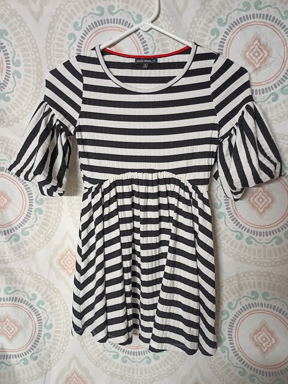 Sequin Hearts Black and White Striped Puff Sleeve Kids Dress